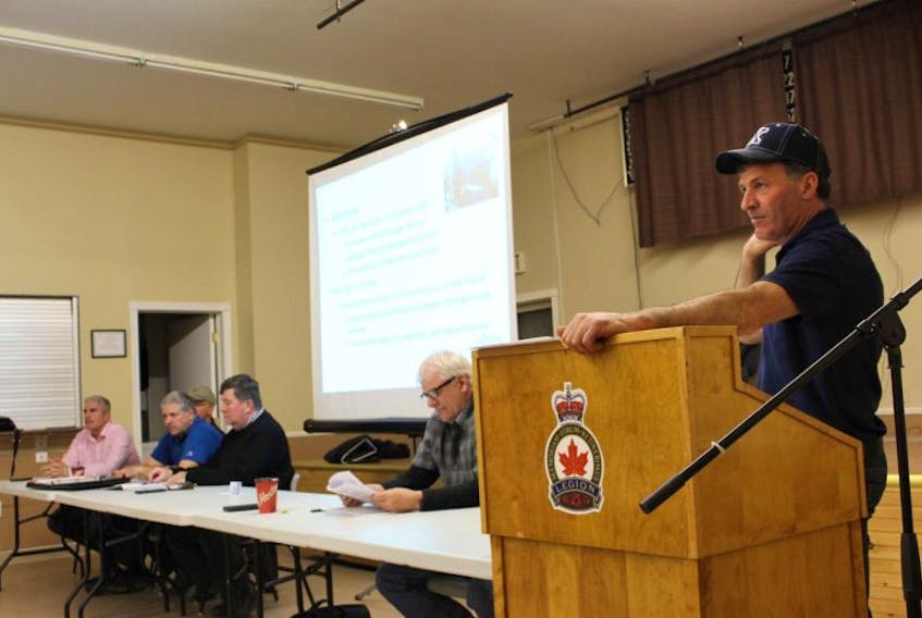Lee Knox, speaks to a crowd of nearly 70 lobster fishermen at a meeting held at the O'Leary Legion.