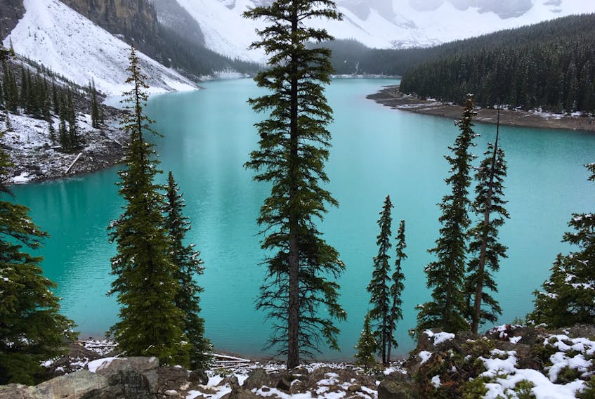 The brilliant colour of Moraine Lake, near Lake Louise, is enhanced by a pre-summer snowfall. Alberta's more picturesque locations were featured in a government video promoting Edmonton's bid to become an NHL hub city.