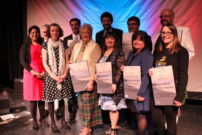 The award winners are pictured. From left to right in the front row is: Reema Fuller, Andrea Boyd (both with Festival Antigonish), Anne Emmett, Kimberly Dickson, Trish MacKay (Sherbrooke Village) and Rebecca Atkinson (Sober Island). In the back row is Larry MacLean (Main Street Cafe), Simon Lawand (Sobeys), Tareq Hadhad, Isameddin Hadhad (Peace by Chocolate), and Gary Nowlan (Northumberland Fisheries Museum). 