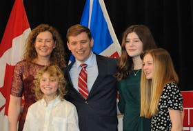 An election day family portrait of Premier Andrew Furey and his Allison and children Mark, 9, Maggie, 14 and Rachel, 12, following his election victory speech.
-Joe Gibbons/The Telegram
