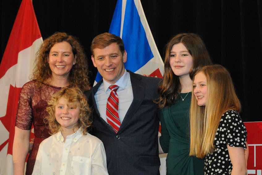 An election day family portrait of Premier Andrew Furey and his Allison and children Mark, 9, Maggie, 14 and Rachel, 12, following his election victory speech.
-Joe Gibbons/The Telegram
