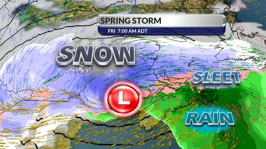 This graphic from SaltWire’s chief meteorologist Cindy Day shows where the spring storm, which is expected to impact the Maritimes on Friday, will be at 7 a.m. Western P.E.I. could see more than 15 centimetres of snow while the entire province will see winds gusting between 70 and 90 km/h. 