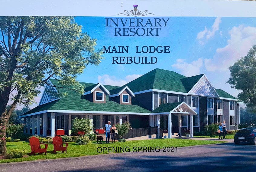 An artist's rendition of the new main lodge for the Inverary Resort is shown. The building is set to be ready this summer and replaces the previous building that was destroyed by fire. CONTRIBUTED