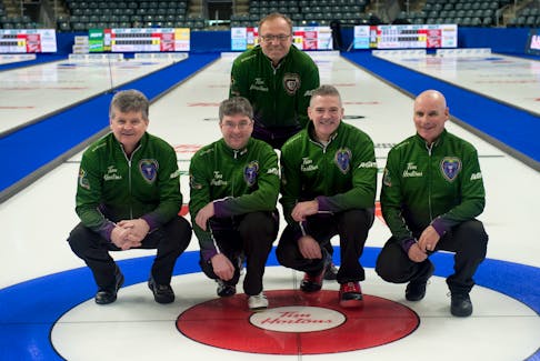Team P.E.I. is ready for the Tim Hortons Brier in Kingston, Ont. Kneeling, from left, are skip Bryan Cochrane, third Ian MacAulay, second Morgan Currie and lead Mark O’Rourke. Standing is coach Ken Sullivan.
Curling Canada/Michael Burns