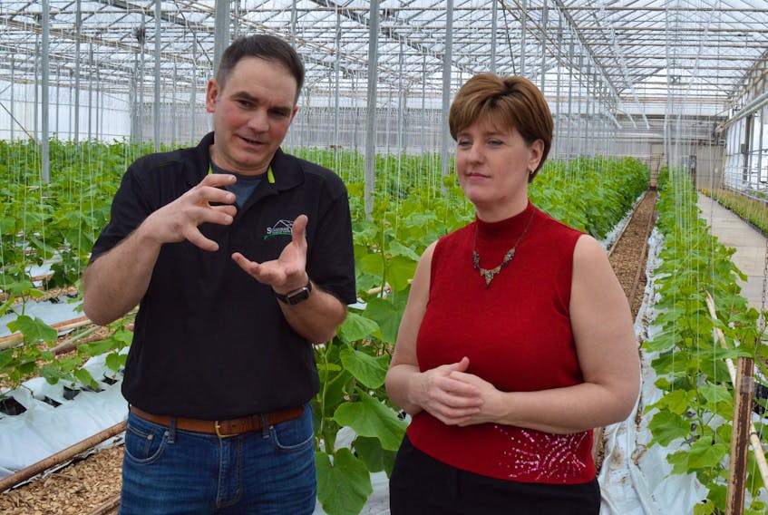 Owner of Atlantic Grown Organics Marc Schurman explains his operation to Federal Minister of Agriculture Marie-Claude Bibeau in Kensington, March 5. Alison Jenkins/Journal Pioneer