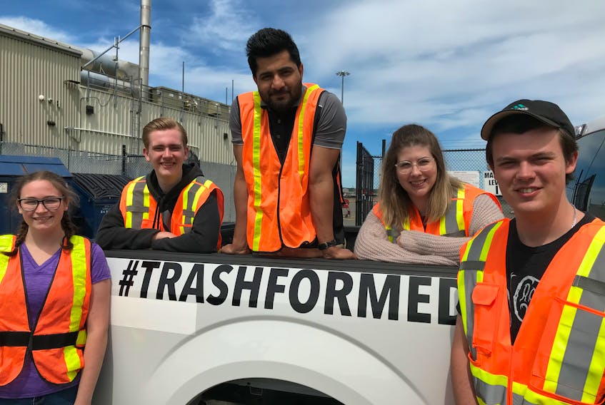 Summer grant workers, known as trashformers, with the Atlantic Coastal Action Program are from left, Maya Kosick, Jack Gillespie, Rohit Kumar, Ally Chat, team lead, and Morgan Campbell. CONTRIBUTED 