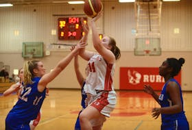 Jaelyn Power, of the Charlottetown Rural Raiders, takes a shot Monday while being defended by Jillian Sanford of the Bluefield Bobcats.