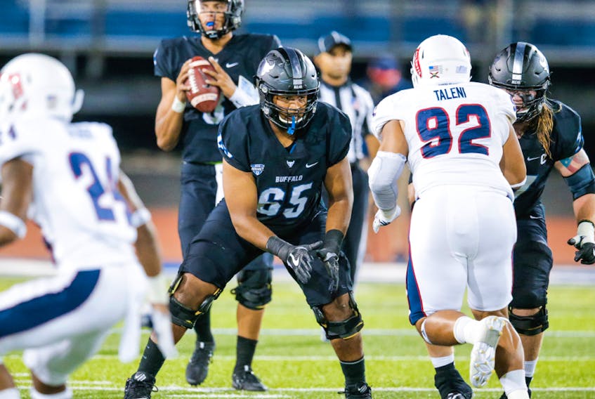 University at Buffalo offensive lineman Tomas Jack-Kurdyla (65) was selected fourth overall by the Edmonton Eskimos in the 2020 CFL draft.
