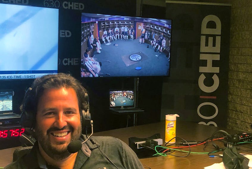 Edmonton Oilers play-by-play voice Jack Michaels is seen inside a makeshift studio at the 630 CHED offices, where he and colour commentator Bob Stauffer will be broadcasting the 2020 NHL playoffs beginning Saturday, Aug. 1, 2020.