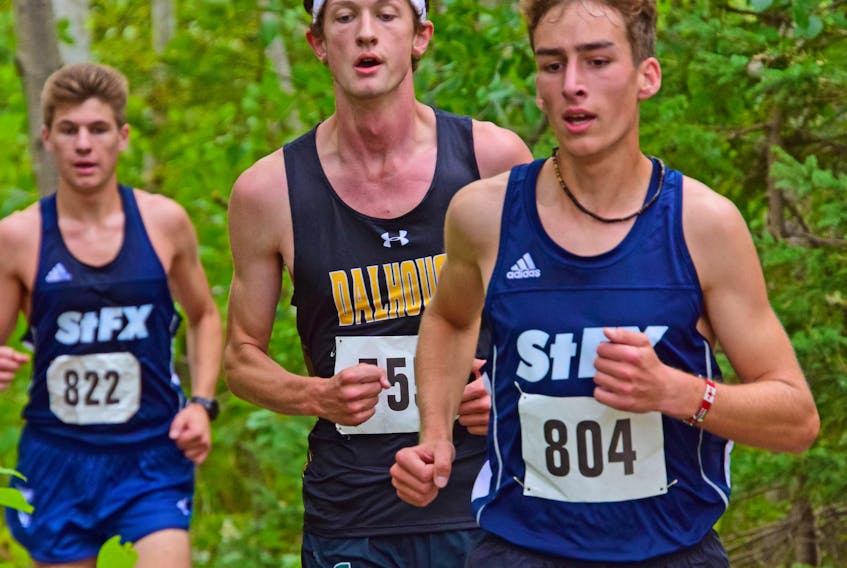 In his first Atlantic University Sport (AUS) race, freshman Jacob Benoit (#804) of the X-Men cross country team finished second in the St. F.X. Invitational, Sept. 21, on the Antigonish campus. Kendra Vigneau