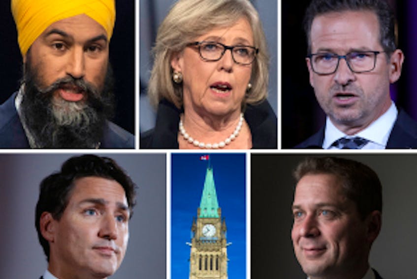  Clockwise from top left: Jagmeet Singh, Elizabeth May, Yves-François Blanchet, Andrew Scheer and Justin Trudeau.