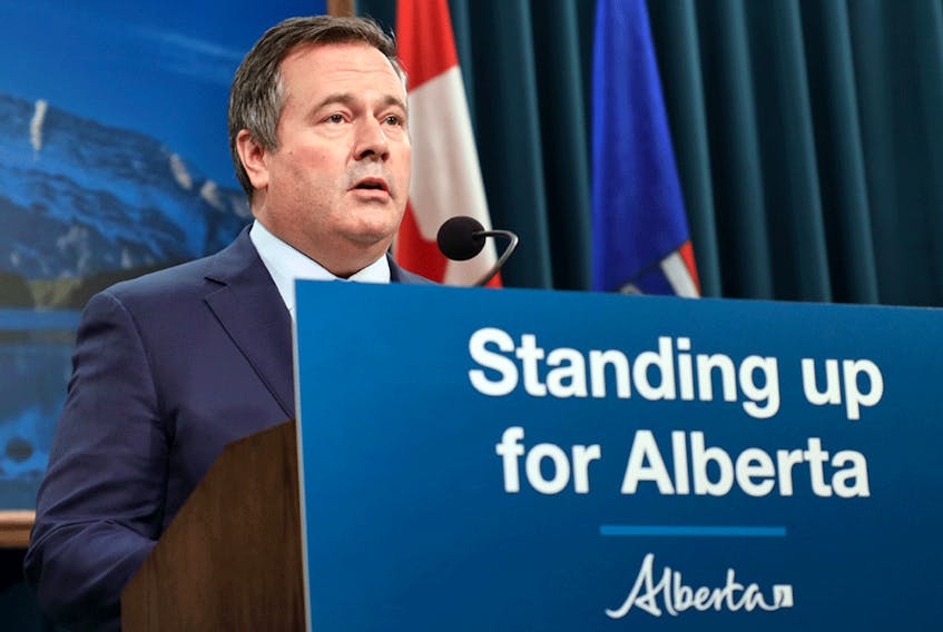 Premier Jason Kenney speaks in Calgary on January 20, 2021, regarding the cancellation of  the Keystone XL pipeline.