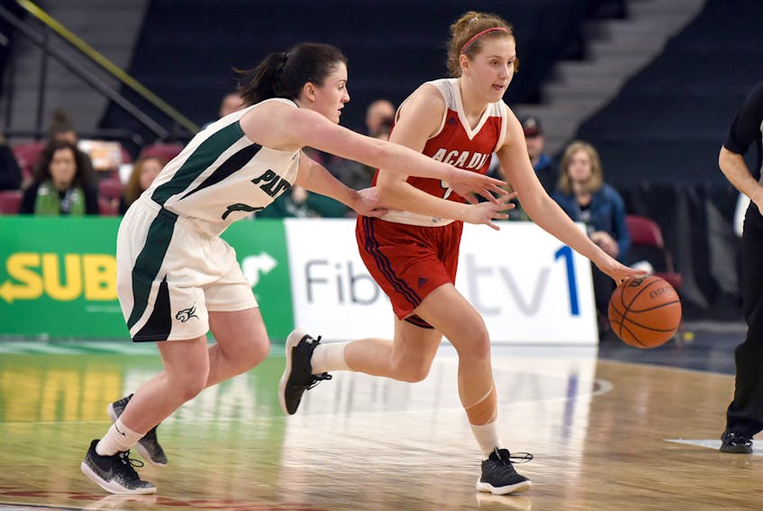 Jayda Veinot, right, who has ties to Truro, was a force in the AUS this past season as a member of the Acadia Axewomen. Veinot has been selected to play for Team Canada at the 2019 FISU Summer Universiade Games in Naples, Italy, July 3 to 14. ACADIA ATHLETICS