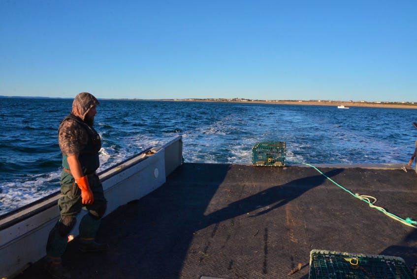 Lance Bernard watches the last of a string of traps go over the stern of the Lady Carol 1 as part of the moderate livelihood fishery. (AARON BESWICK PHOTO)