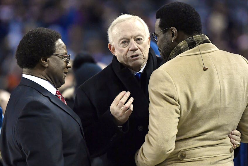 Dallas Cowboys owner Jerry Jones speaks with former Dallas Cowboys player Michael Irvin before the game against the Chicago Bears at Soldier Field, Chicago, Dec 5, 2019. (Quinn Harris-USA TODAY Sports)