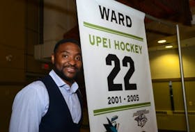 <p>Joel Ward was honoured with a banner raised in MacLauchlan Arena during a ceremony on Thursday.</p>