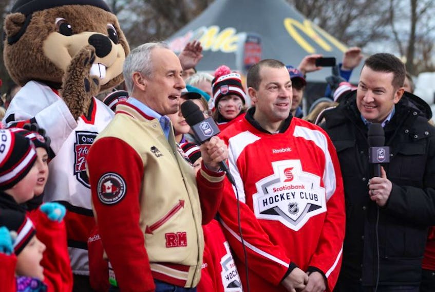 Rogers Hometown Hockey host Ron MacLean, left, former NHL player Jon Sim, a native of New Glasgow, and Sportsnet host (and Pictou native) Ken Reid do a live spot Nov. 29 during the Rogers Hometown Hockey tour visit to Wolfville