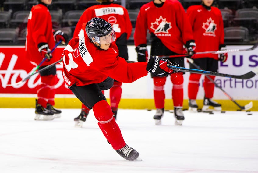 Defenceman Jordan Spence of Cornwall follows through on a shot during the Team Canada selection camp in Red Deer, Alta. Spence is one of 25 players selected to play for Team Canada at the International Ice Hockey Federation (IIHF) world junior hockey championship in Edmonton from Dec. 25 to Jan. 4.