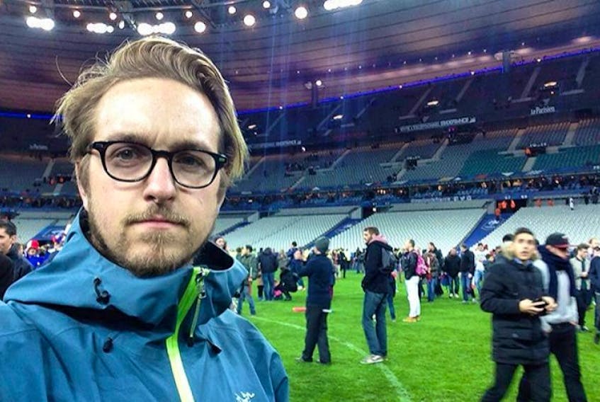 <span class="art-imagetext">Josh Coles takes a picture of himself on the turf of the Stade de France following Friday night’s terrorist attacks. Coles said many in the stadium were unaware of the attacks during most of the game.</span>