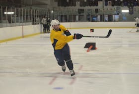 Sherwood native Josh Currie follows through on a shot as he skates at UPEI in August 2019 Currie recently joined the Wilkes-Barrie/Scranton Penguins of the American Hockey League and was named team captain.