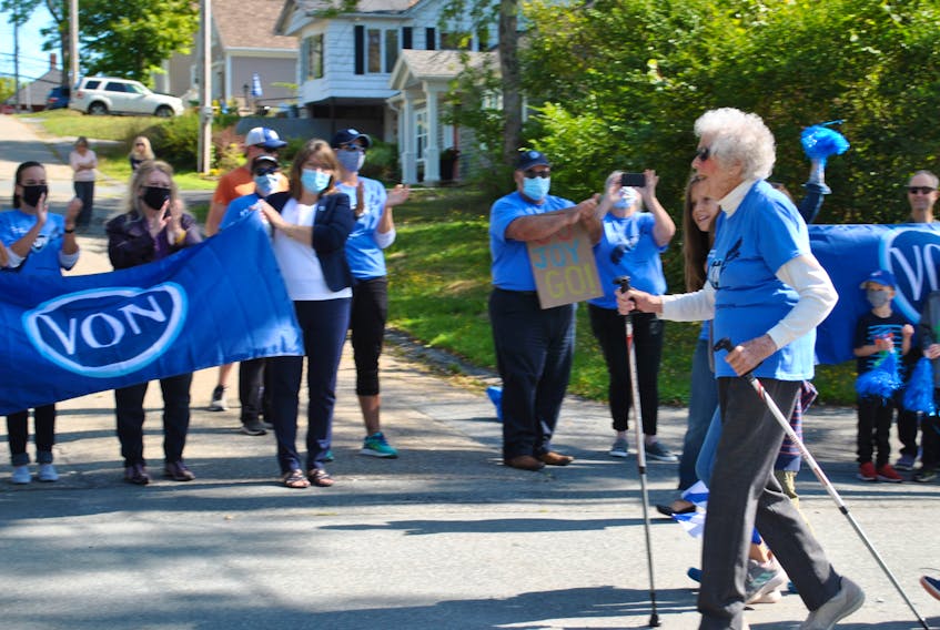 Joy Saunders starts out on the final of her 102 walks in support of the VON. The 101-year-old Lunenburg resident has raised $73,000 so far. The funds raised by Saunders will directly support VON's community programs across Nova Scotia. Kathy Johnson 