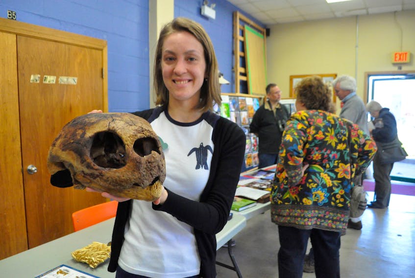 Kayla Hamelin of the Canadian Sea Turtle Network holds up the skull of a leatherback sea turtle, found in the Bay of Fundy. She said citizen science has been vital to the network's data collection over the past 20 years, and credits it for discovering sea turtle populations in the bay.