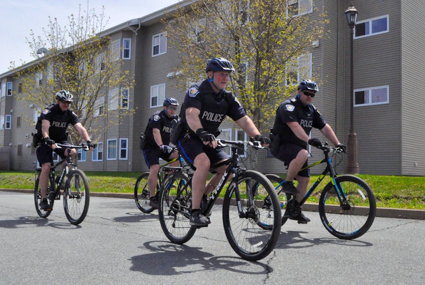 Kentville Police Service officers put it in gear with their bicycles after participating in a training course led by Cst. Sam Côté, lead instructor of the force's bicycle patrol for the Halifax Regional Police.