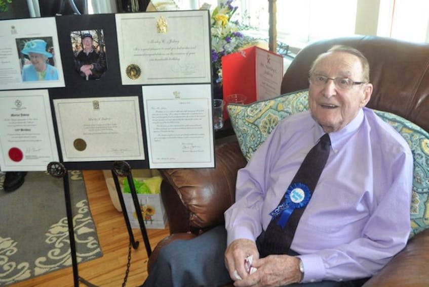 Centenarian Morley Jodrey of Gaspereau enjoyed his 100th birthday party on April 15 when family and friends arrived to help him celebrate.