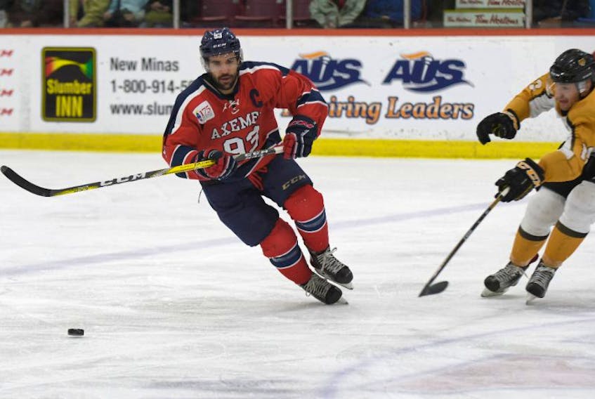 Acadia forward Brett Thompson is hoping to hoist a championship banner in his last game with the Axemen.