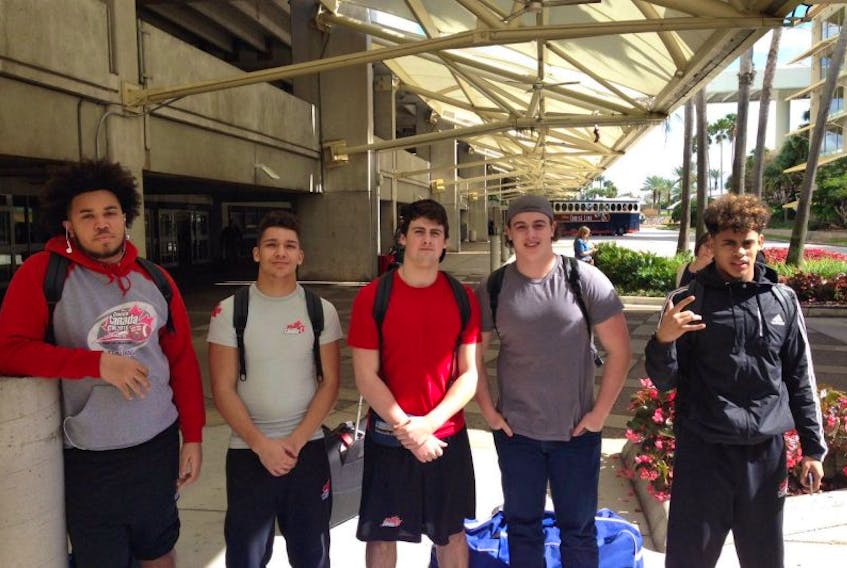 The five Nova Scotians representing Team Canada arrive in Florida. Matthew Mendez, left, from Citadel High, will play for the Under-19 team, while Under-18 members include Riley Gabriel from Cobequid Education Centre, Adam Bennett from Sir John A, Connor Ross from Central Kings and Lourenz Bowers from Dartmouth High.