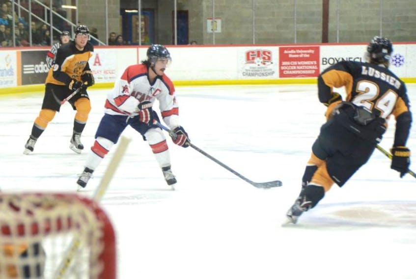 Axemen captain Mike Cazzola had a goal and two assists in the Nov. 27 win over Dalhousie in Wolfville.