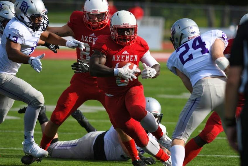 A five-yard reception by Dale Wright of Markham, Ont. allowed for Acadia University’s second touchdown of the first half on Saturday. He later scored another touchdown.