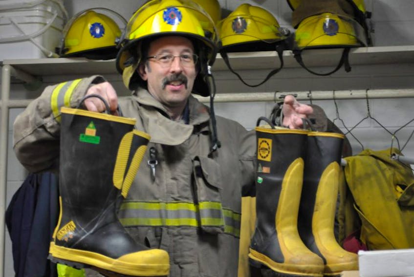 The Kentville Volunteer Fire Department (KVFD) will be giving a lump sum of used personal protection equipment to a Nova Scotia-based fire department that would greatly benefit from the donation. Pictured here, longtime KVFD member Danny Durling stands with some examples of the equipment that will be donated.