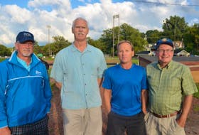 Former Kentville Wildcats players David Nixon, Tony Aker, Sandy VanBlarcom and Paul D’Eon were among the original roster members on hand to celebrate the team’s 40th anniversary at Memorial Park on Aug. 13.