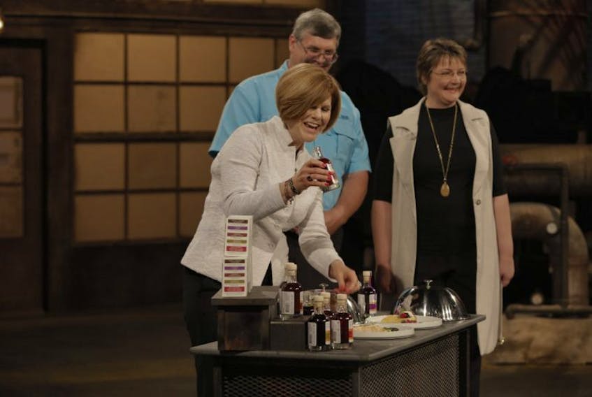 Hutchinson Acres owners Chris and Anna Hutchinson joined the company’s account manager Leanne Dobrota, far left, in pitching the Kings County-based businesses unique line of PURE Infused Maple Syrup on CBC’s Dragons’ Den.