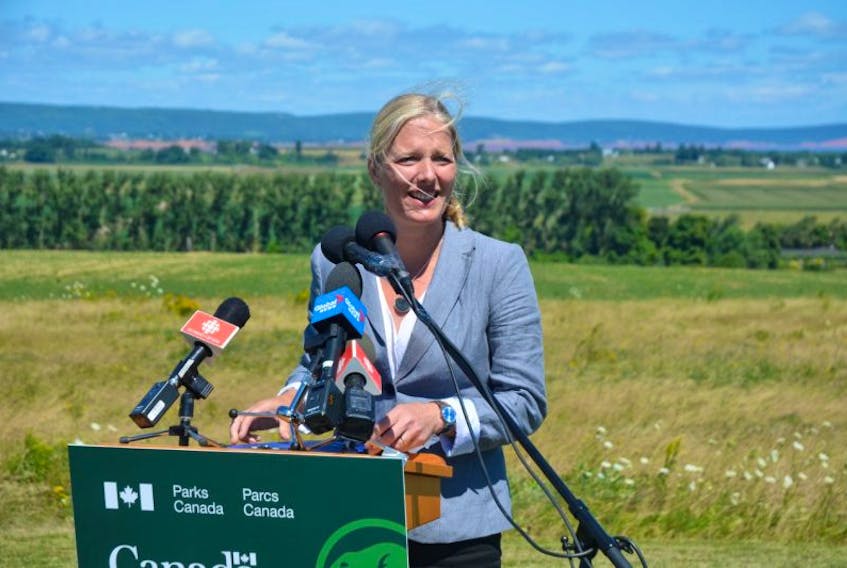 <p>Minister of the Environment and Climate Change and Minister responsible for Parks Canada Catherine McKenna at a federal announcement regarding World Heritage Site nominations at the Landscape of Grand Pre World Heritage Site View Park Aug. 8.</p>