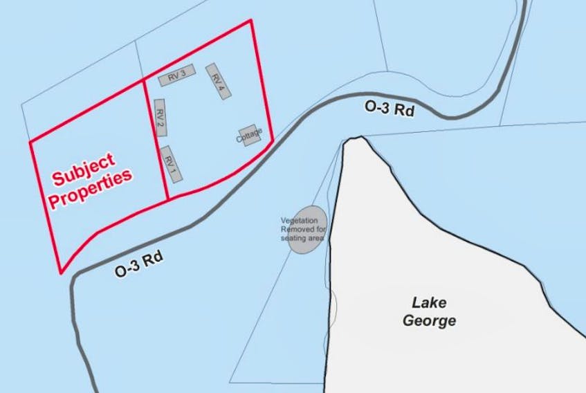 This graphic from a November 2015 County of Kings staff report to the planning advisory committee illustrates the approximate location of the RV's on the subject properties at Lake George.