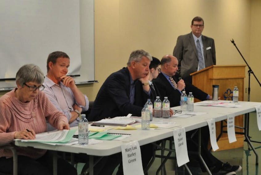 The Kings North forum on May 18 included: Mary Lou Hartley, Green Party, left, Liberal Geof Turner, PC incumbant John Lohr, Bryden Deadder, Atlantica Party and Ted Champion of the NDP. Moderator was Paul DesBarres.