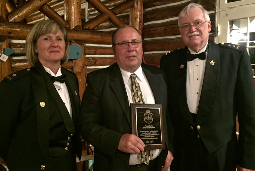 Former Kentville Police Chief Mark Mander, centre, with new Kentville Police Chief Julia Cecchetto and retired Kentville Police Chief Brian MacLean at the fall conference of the Nova Scotia Chiefs of Police Association in Pictou. Mander was recognized for his service and dedication to the NSCPA. - Submitted