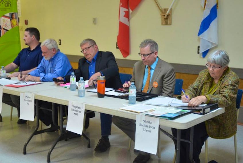 Kings South provincial election candidates prepare for a forum at the Coldbrook and District Lions Hall on May 23.