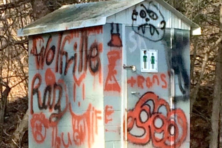 The public toilet at Reservoir Park in Wolfville was targeted by vandals with paint last month.