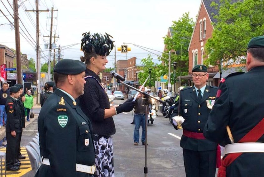 Kentville Mayor Sandra Snow reads the proclamation giving the Canadian military based at the Aldershot detachment the Freedom of the Town on May 27.