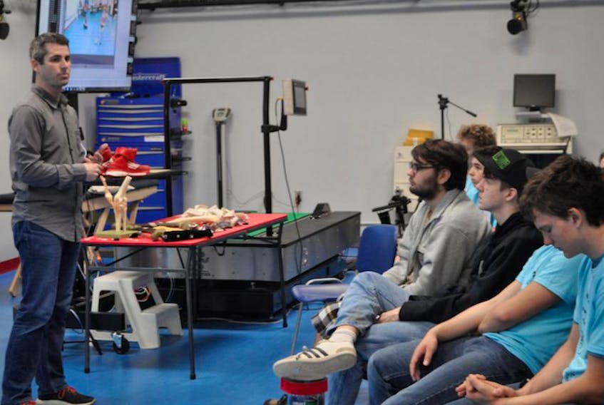 Acadia University kinesiologist Scott Landry walked the Skilled Futures in Technology students through the work of the Human Motion Laboratory on May 3.