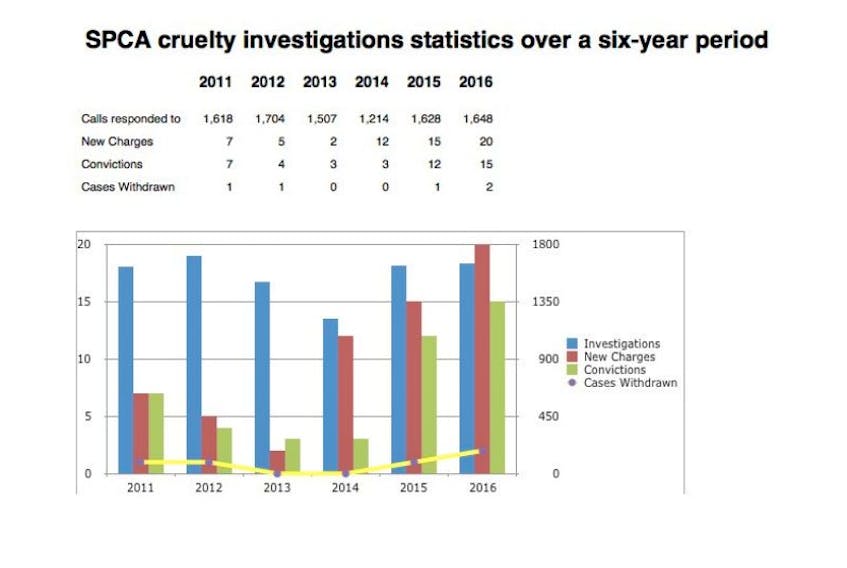 This chart displays the amount of calls that the NS SPCA investigate each year. Also included is the number of charges laid, number of cases withdrawn by the crown attorney and the number of convictions in that year. As noted, 2015 and 2016 saw a large spike in new charges and convictions.
