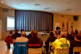 First responders and members of the public listen to a presentation on fentanyl and other drugs during a meeting hosted by Cpl. Phil Joudrey at the Brooklyn Civic Centre.