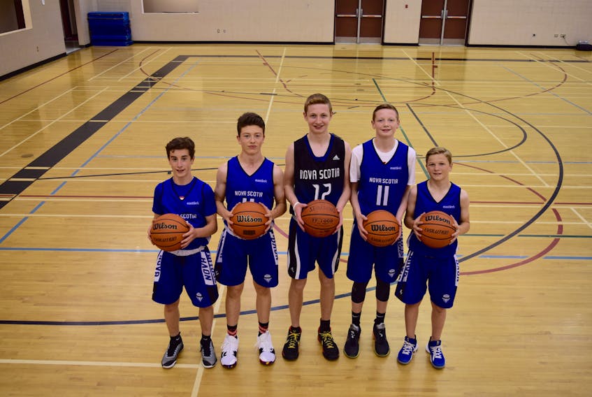 Five Kings County athletes have been selected to play on provincial basketball teams this summer. From left are Will Deveau, Asa Hood, Kaj MacVicar, Braeden MacVicar and Aidan Clarke.