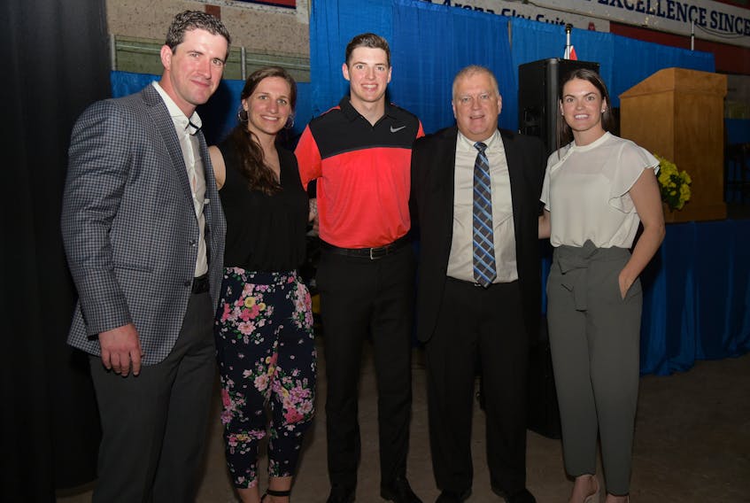 Celebrity guests at this year’s Axemen Hockey Celebrity Dinner are pictured with emcee Len Hawley. From left are former hockey Axeman Paul McFarland; Jill Saulnier of the Team Canada women’s Olympic hockey team; 2018 World Junior gold medalist Drake Batherson; Hawley; and Blayre Turnbull of the Team Canada women’s Olympic hockey team.