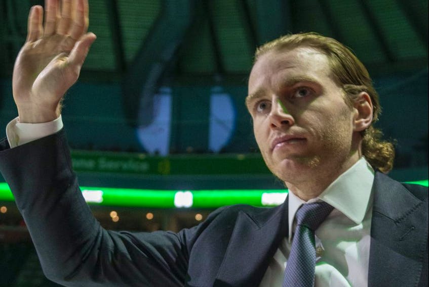 Former London Knights player Patrick Kane, now with the Chicago Blackhawks, waves to the crowd after his number was retired at Budweiser Gardens on January 17, 2020.  (MIKE HENSEN/Postmedia Network)