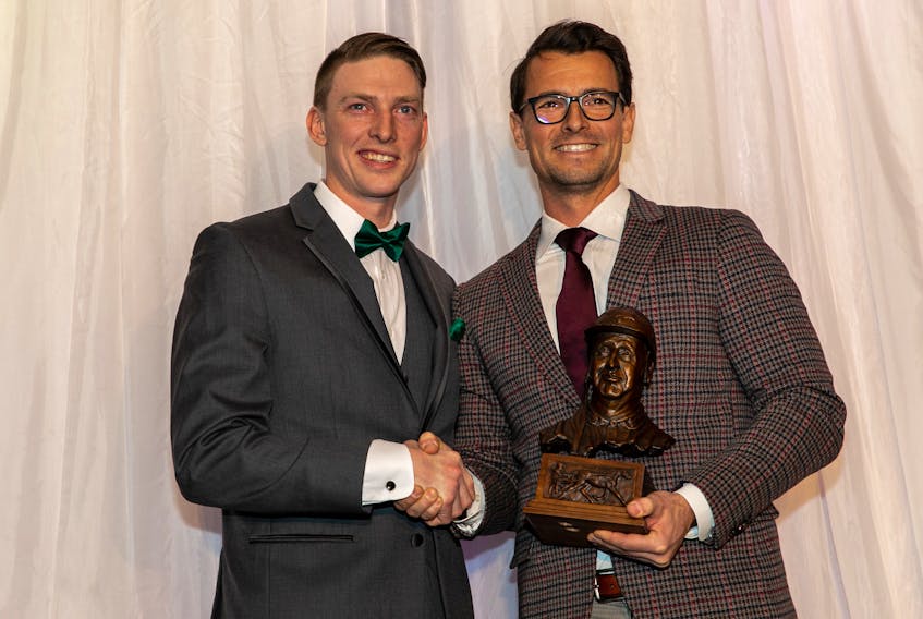 David Kelly, left, originally from Sydney, is presented with the Future Star Award by Milton MP Adam van Koervenden during the annual O'Brien Awards Black Tie Gala for harness racing earlier this month in Mississauga, Ont. Kelly, who now calls Alberta home, enjoyed a career year in 2019, driving 108 winners and recording more than $672,000 in purse earnings, while also finishing first in the Century Mile driving charts in wins. On the training side, Kelly conditioned 50 winners and horses to almost $275,000 in earnings. CONTRIBUTED/TRUE NATURE COMMUNICATIONS