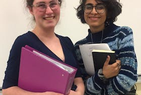 Director Veronique Hotton and playwright Hridya Chaudhary, right, are in great spirits after a rehearsal of Chaudhary’s play, “Girls.” It will debut on Thursday, March 12, the opening night of the 2020 Elizabeth Boardmore One Act Play Festival on the Cape Breton University campus. CONTRIBUTED